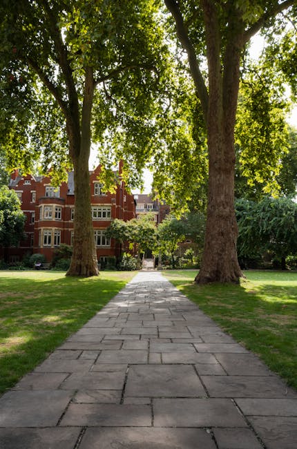 A wide stone pathway running through a well-maintained garden, flanked by lush green grass and tall, mature trees with broad trunks and dense leafy canopies. The pathway is composed of rectangular, fl